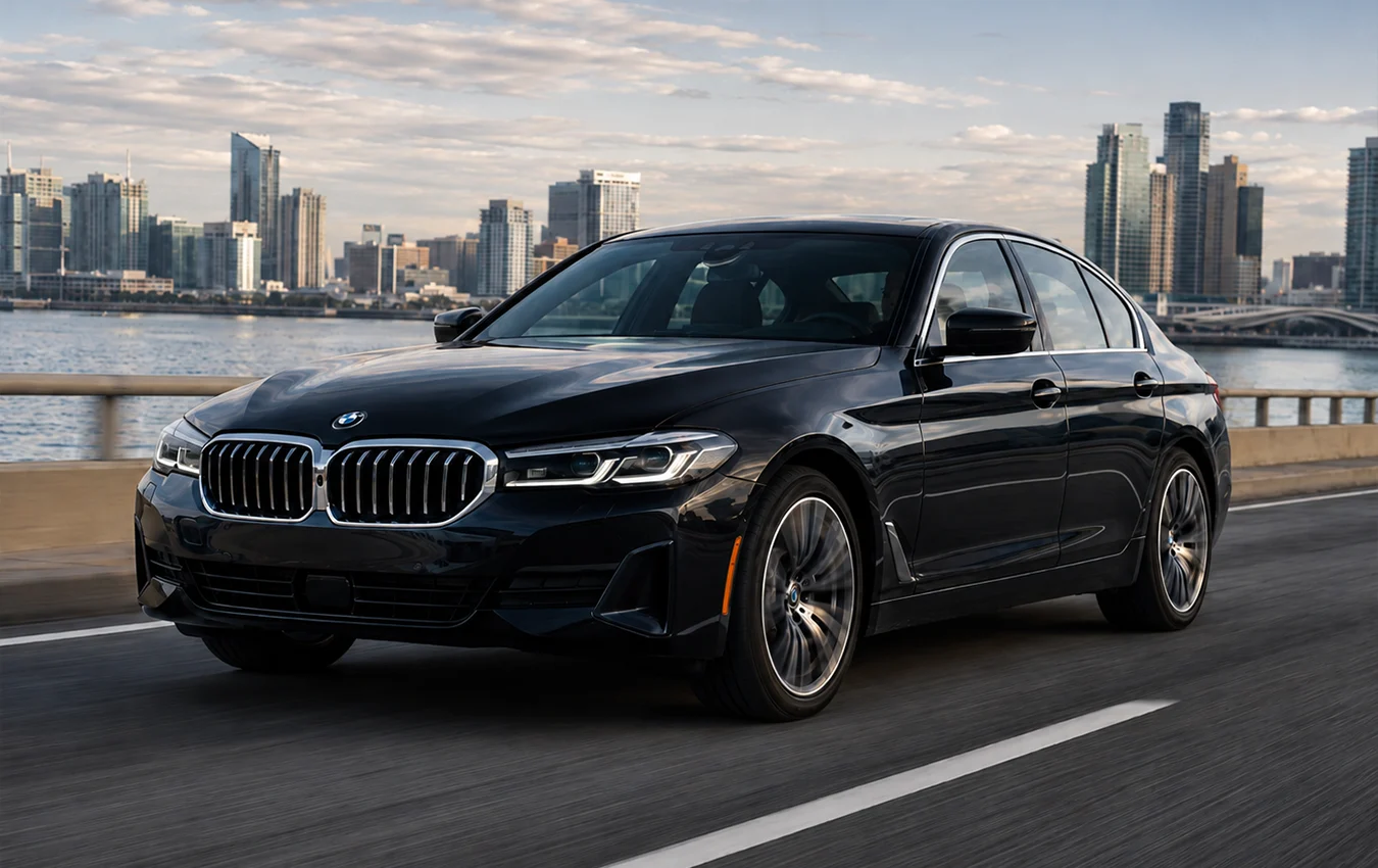 Schwarze BMW 5er Limousine fährt auf einer Brücke vor einer städtischen Skyline mit Wolkenkratzern.