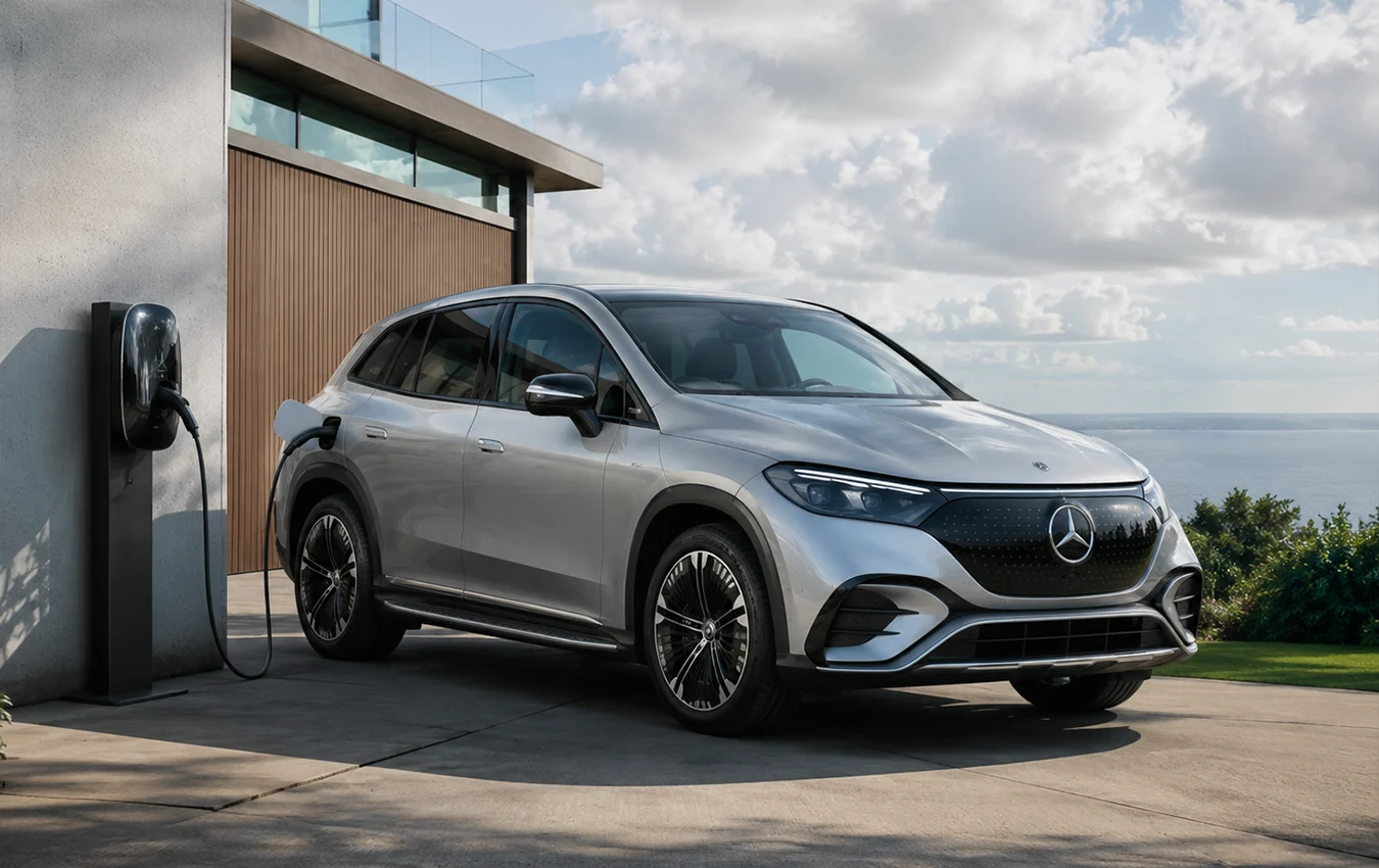 Silberner Mercedes-Benz Elektro-SUV lädt an einer modernen Wallbox-Ladestation vor einem Wohnhaus.